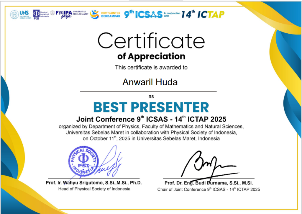 Mahasiswa Magister Pendidikan Fisika Raih Best Presenter pada Conference 9th ICSAS – 14th ICTAP 2025 screenshot 2026 03 06 071817